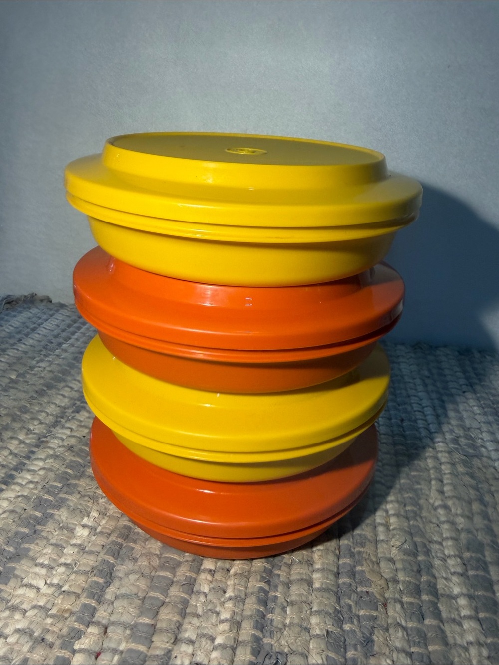 Vintage Tupperware Stackable Plastic Food Storage Lids in Yellow and Orange